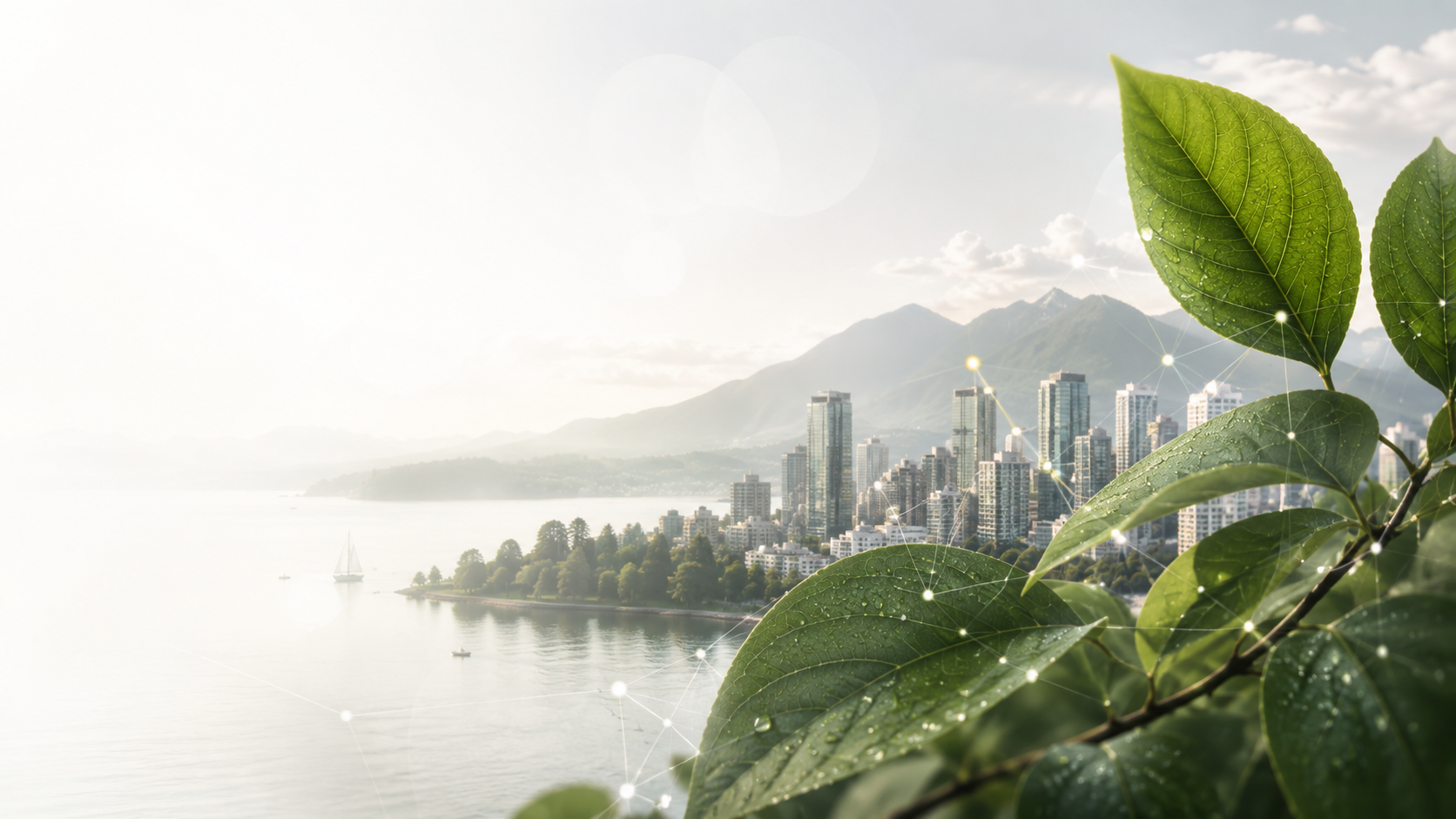 Illustrative Vancouver waterfront framed by green leaves with a subtle connected-network motif