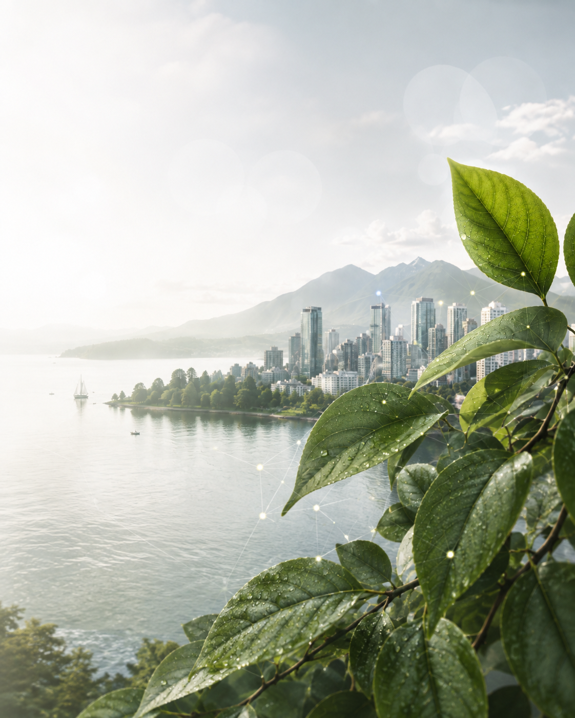 Editorial illustration of Vancouver, green leaves and a connected civic network