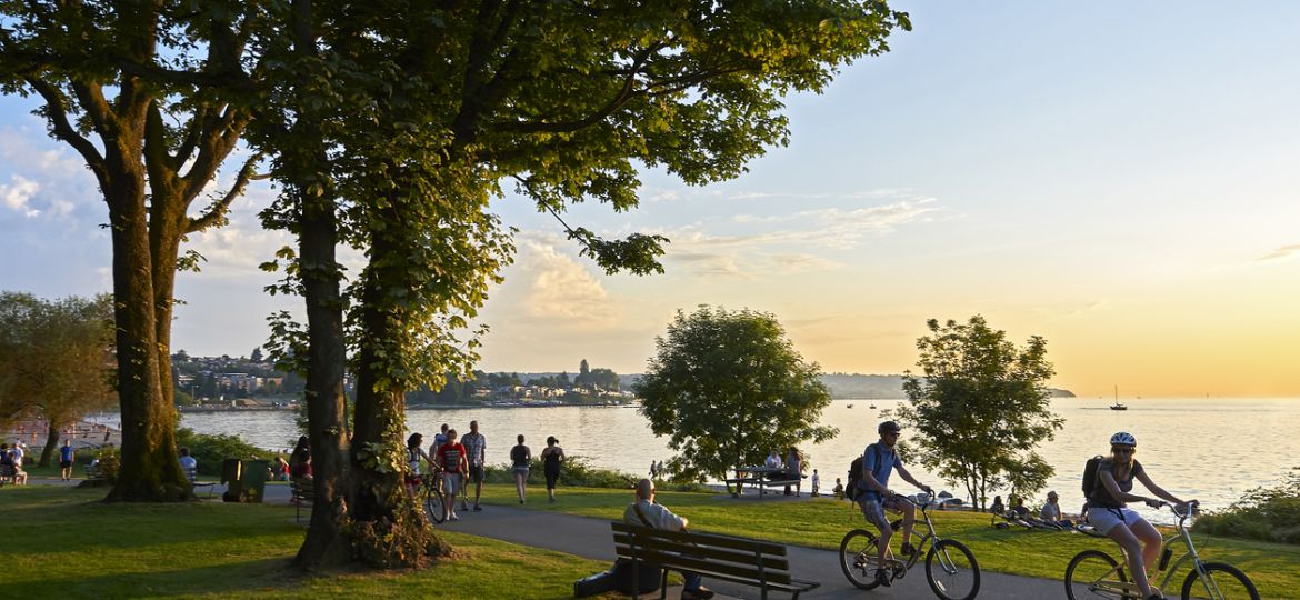 Cyclists and pedestrians moving through a waterfront park